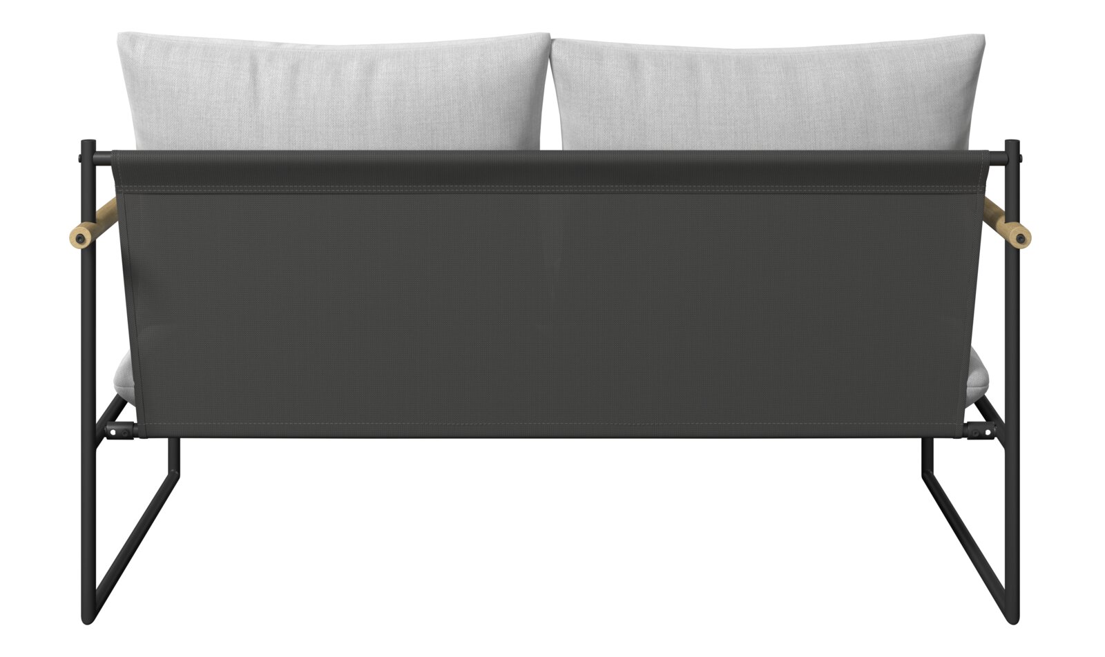 Rückansicht eines Gartenlounge-Sets mit grauen Kissen und schwarzem Rahmen.