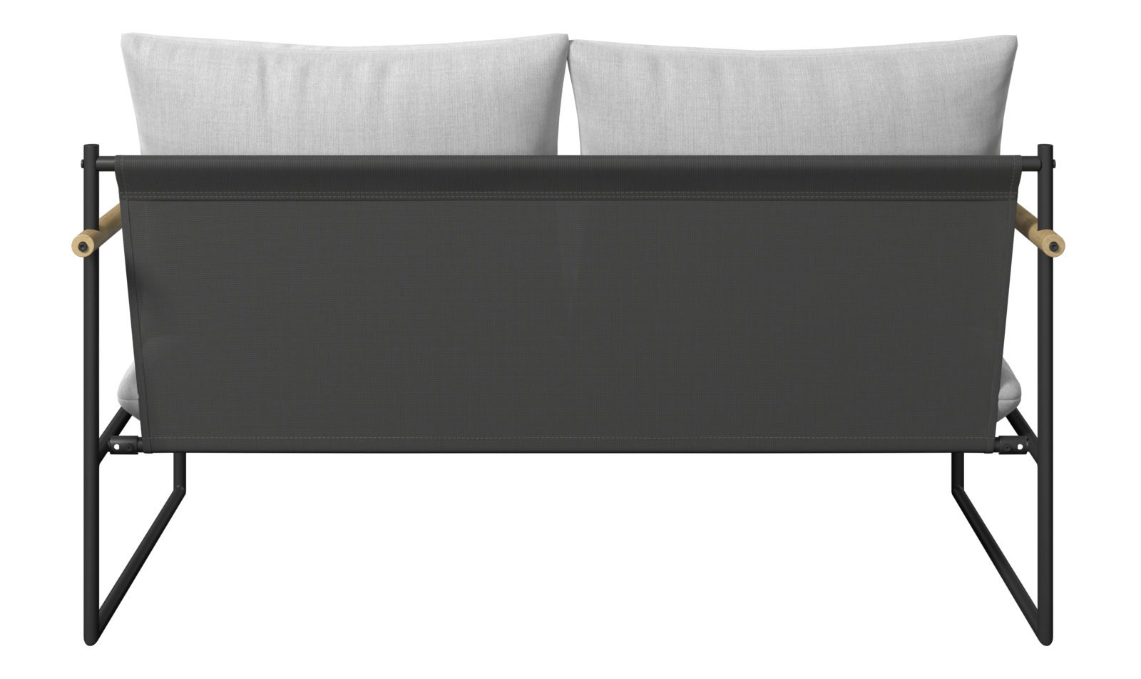 Rückansicht eines Gartenlounge-Sets mit grauen Kissen und schwarzem Rahmen.