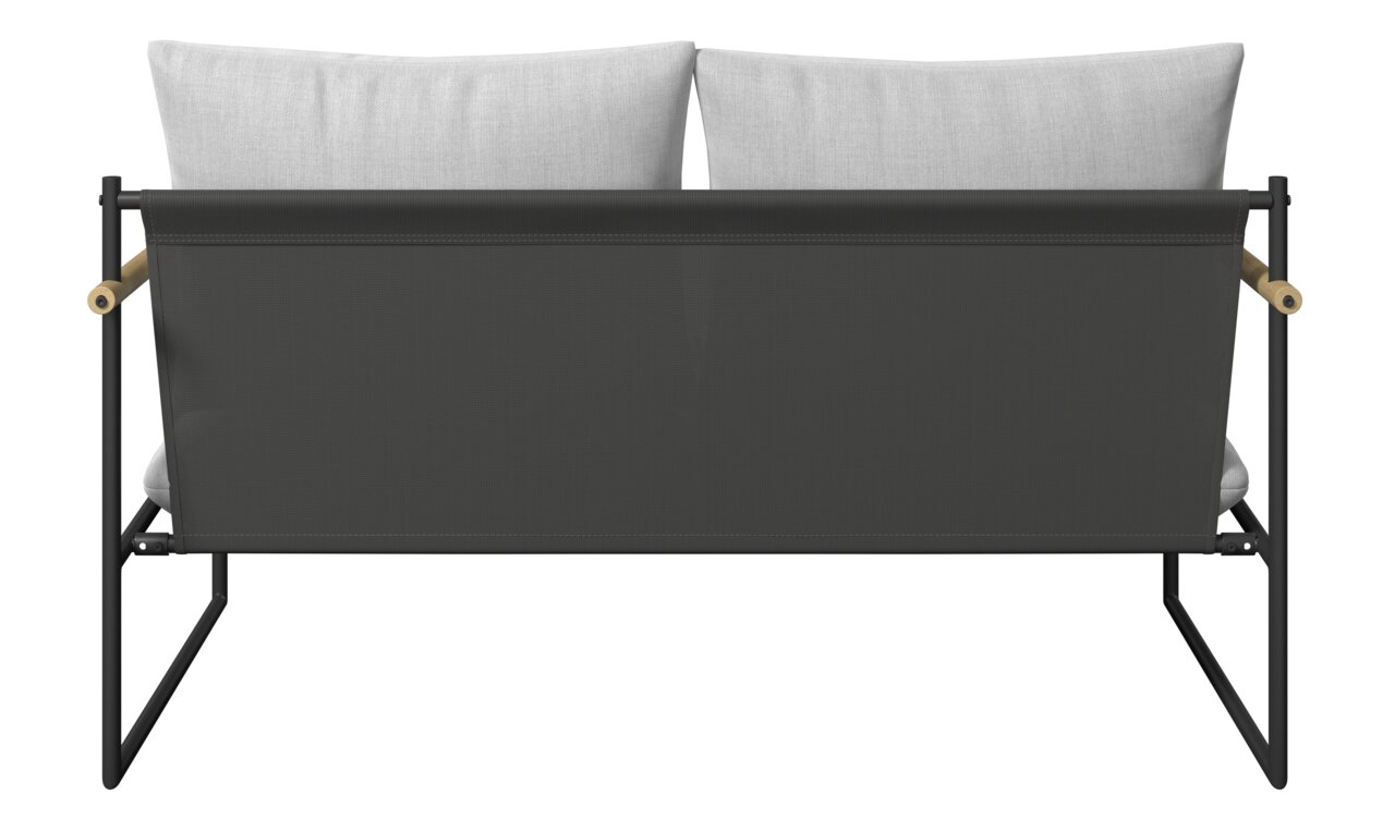 Rückansicht eines Gartenlounge-Sets mit grauen Kissen und schwarzem Rahmen.
