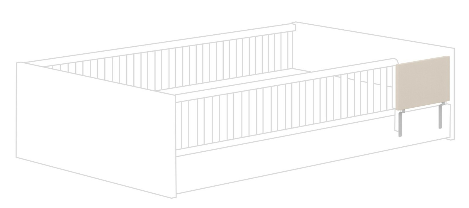 Seitliche Ansicht eines Bettes mit einem beige-farbenen Rausfallschutz an der Seite.