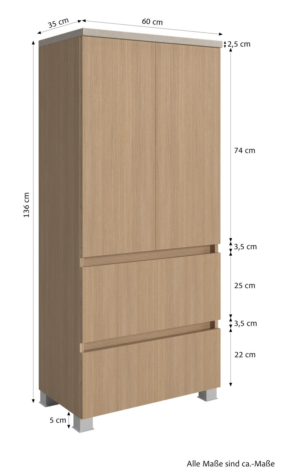 Midischrank 60 cm in Holzoptik, frontale Perspektive, mit zwei Türen und zwei Schubladen, Maße: 136 cm hoch, 60 cm breit, 35 cm tief.