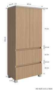 Midischrank 60 cm in Holzoptik, frontale Perspektive, mit zwei Türen und zwei Schubladen, Maße: 136 cm hoch, 60 cm breit, 35 cm tief.
