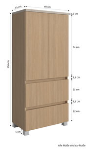 Midischrank 60 cm in Holzoptik, frontale Perspektive, mit zwei Türen und zwei Schubladen, Maße: 136 cm hoch, 60 cm breit, 35 cm tief.