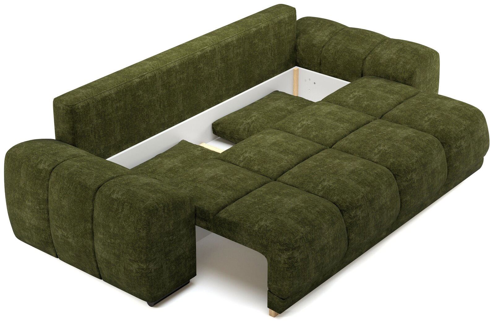 Grünes Funktionssofa in L-Form, von oben betrachtet, mit ausgezogener Liegefläche.