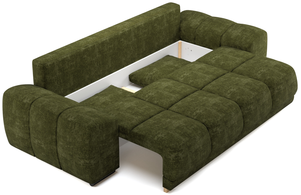 Grünes Funktionssofa in L-Form, von oben betrachtet, mit ausgezogener Liegefläche.