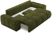 Grünes Funktionssofa in L-Form, von oben betrachtet, mit ausgezogener Liegefläche.