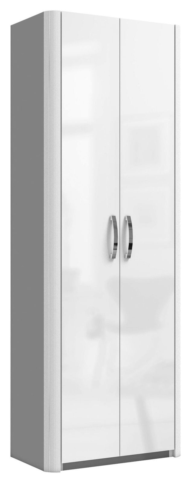 Mehrzweckschrank mit zwei Türen und silbernen Griffen, seitliche Perspektive