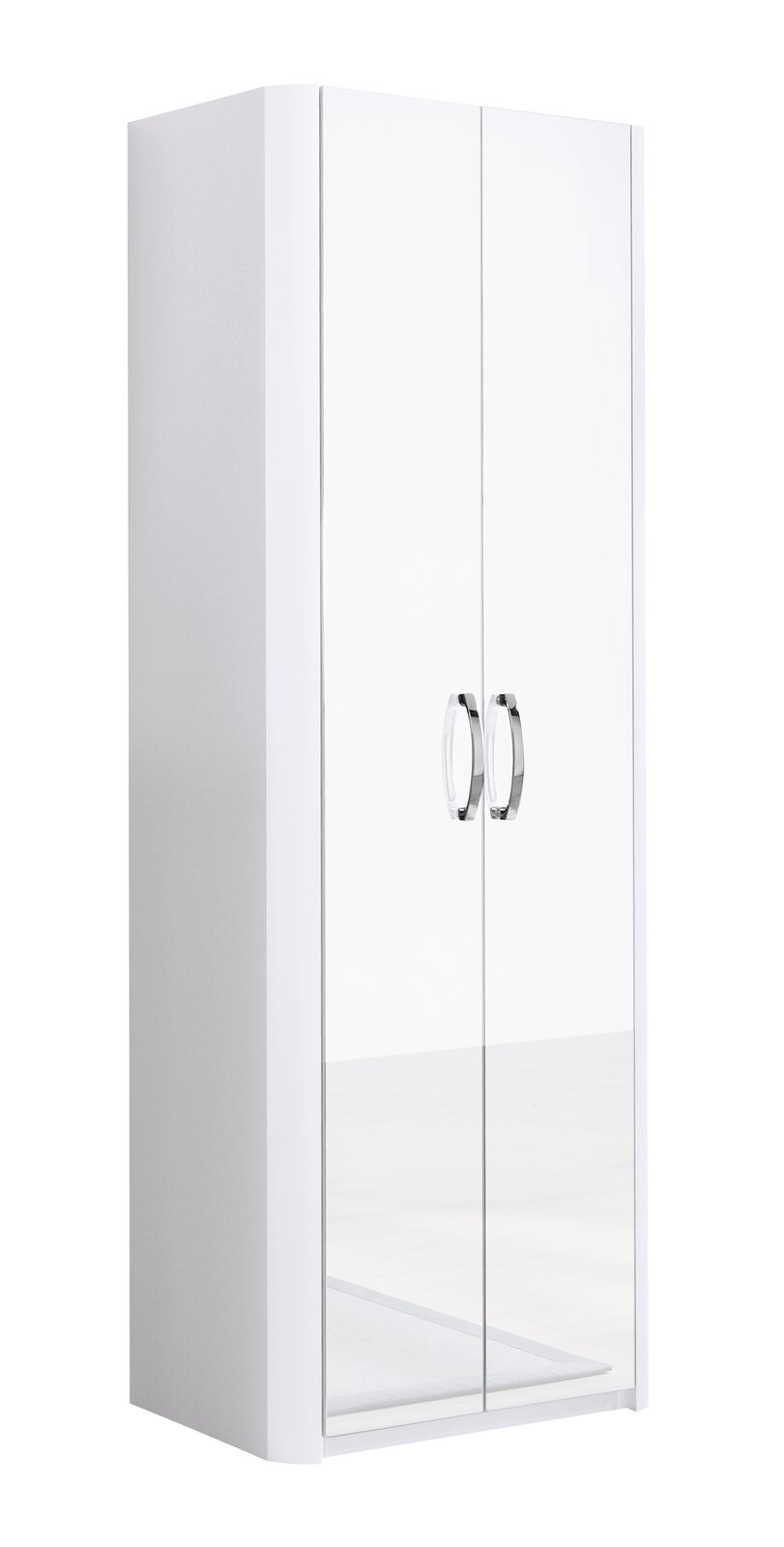 Moderano Mehrzweckschrank MILANO Weißer Mehrzweckschrank mit zwei Türen und silbernen Griffen, seitliche Perspektive
