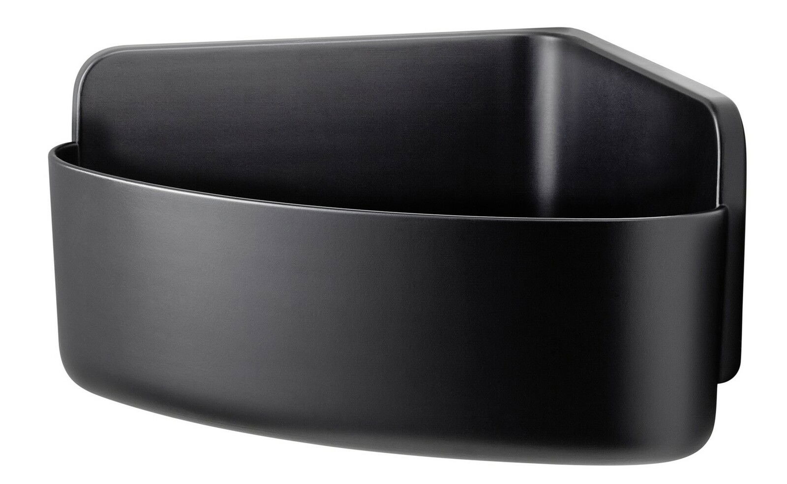 Schwarzer Eckduschkorb aus Metall, perspektivisch von vorne rechts fotografiert.