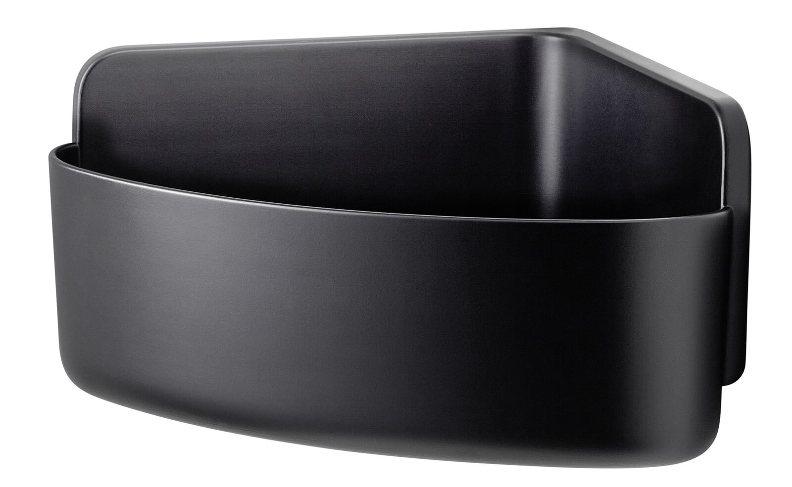 Schwarzer Eckduschkorb aus Metall, perspektivisch von vorne rechts fotografiert.