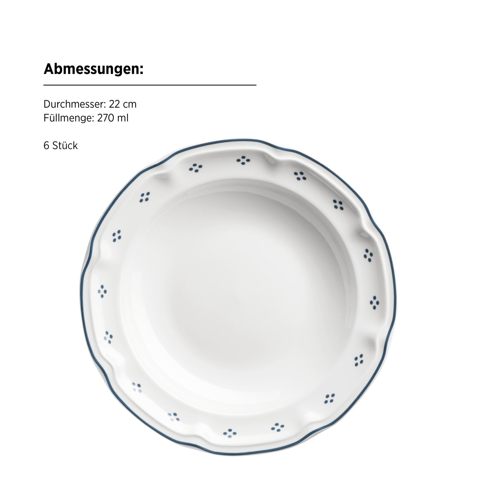 Weiße, runde Keramikschale mit gewelltem Rand, blauem Rand und kleinen blauen Punktmustern, Draufsicht (von oben) auf weißem Hintergrund; Durchmesser 22 cm, Füllmenge 270 ml, 6 Stück