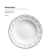 Weiße, runde Keramikschale mit gewelltem Rand, blauem Rand und kleinen blauen Punktmustern, Draufsicht (von oben) auf weißem Hintergrund; Durchmesser 22 cm, Füllmenge 270 ml, 6 Stück