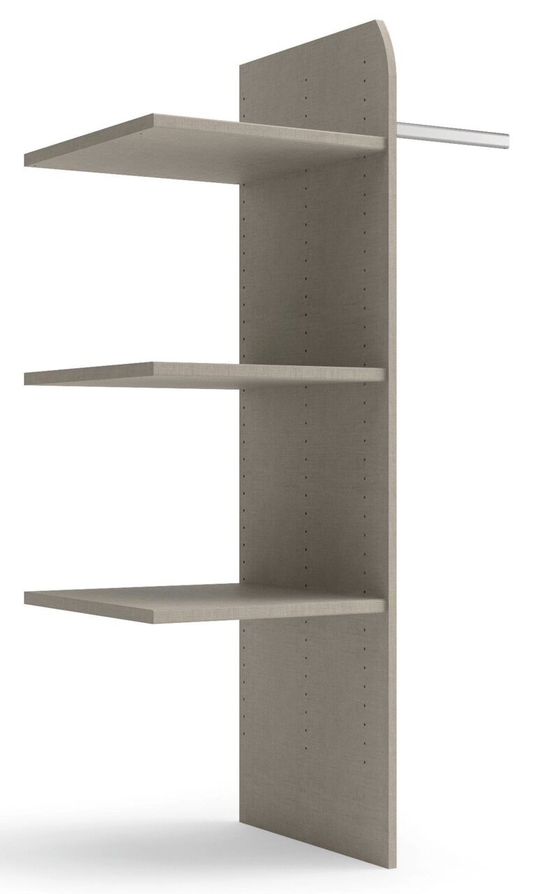 Perspektivische Ansicht eines grauen Regalsystems mit drei verstellbaren Einlegeböden und einer Rückwand.