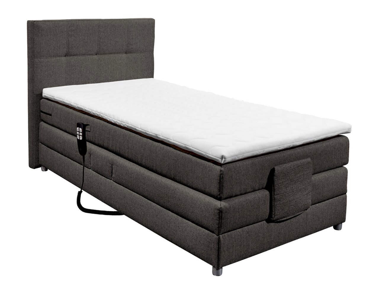 Boxspringbett in seitlicher Perspektive mit grauem Stoffbezug und weißer Matratze, inklusive Fernbedienung.