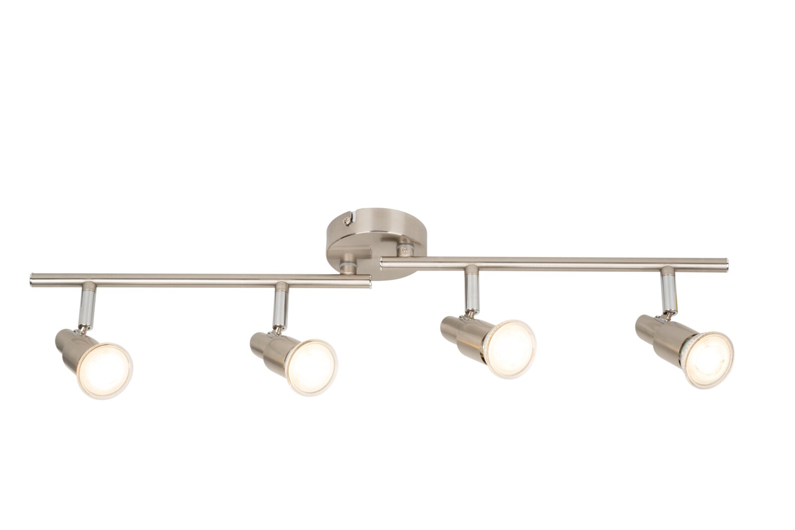 LED-Strahler mit vier verstellbaren Spots in moderner, silberner Ausführung, Ansicht von vorne.