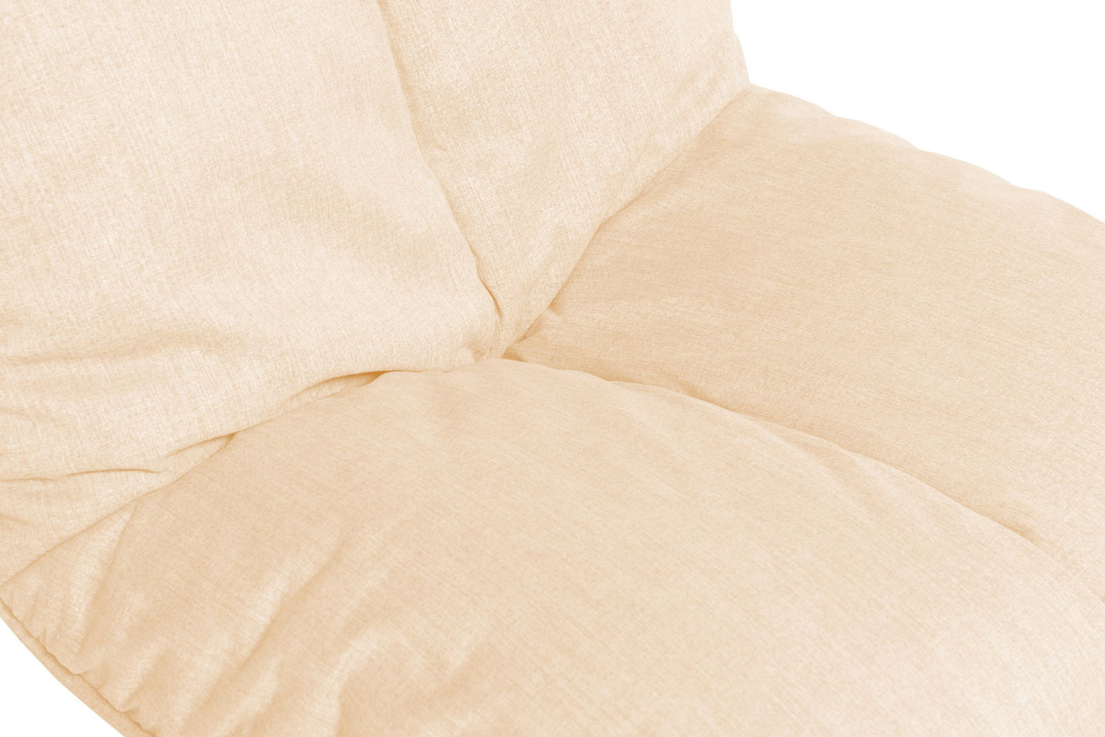 Nahaufnahme eines beigen Drehsessels aus Stoff, Ansicht von oben.