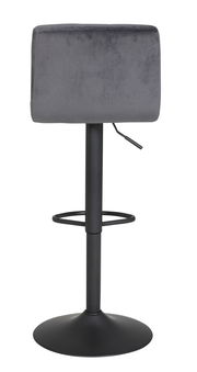 Rückansicht eines grauen Barhockers mit schwarzem Metallgestell und Fußstütze