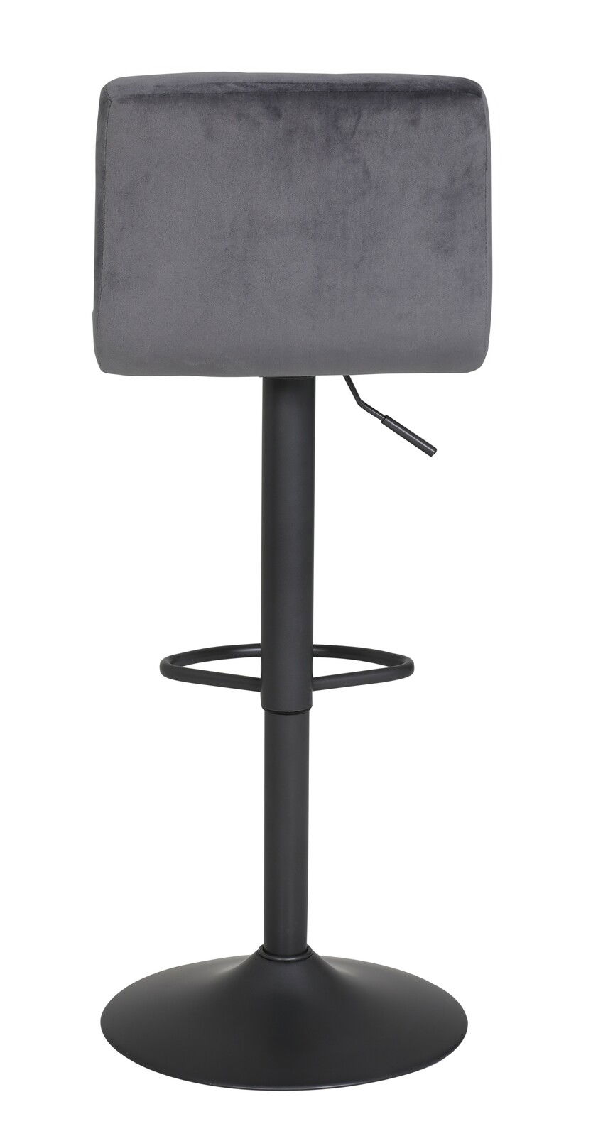Rückansicht eines grauen Barhockers mit schwarzem Metallgestell und Fußstütze