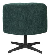 Rückansicht eines grünen Sessels mit geripptem Stoffbezug und schwarzem Metallfuß.