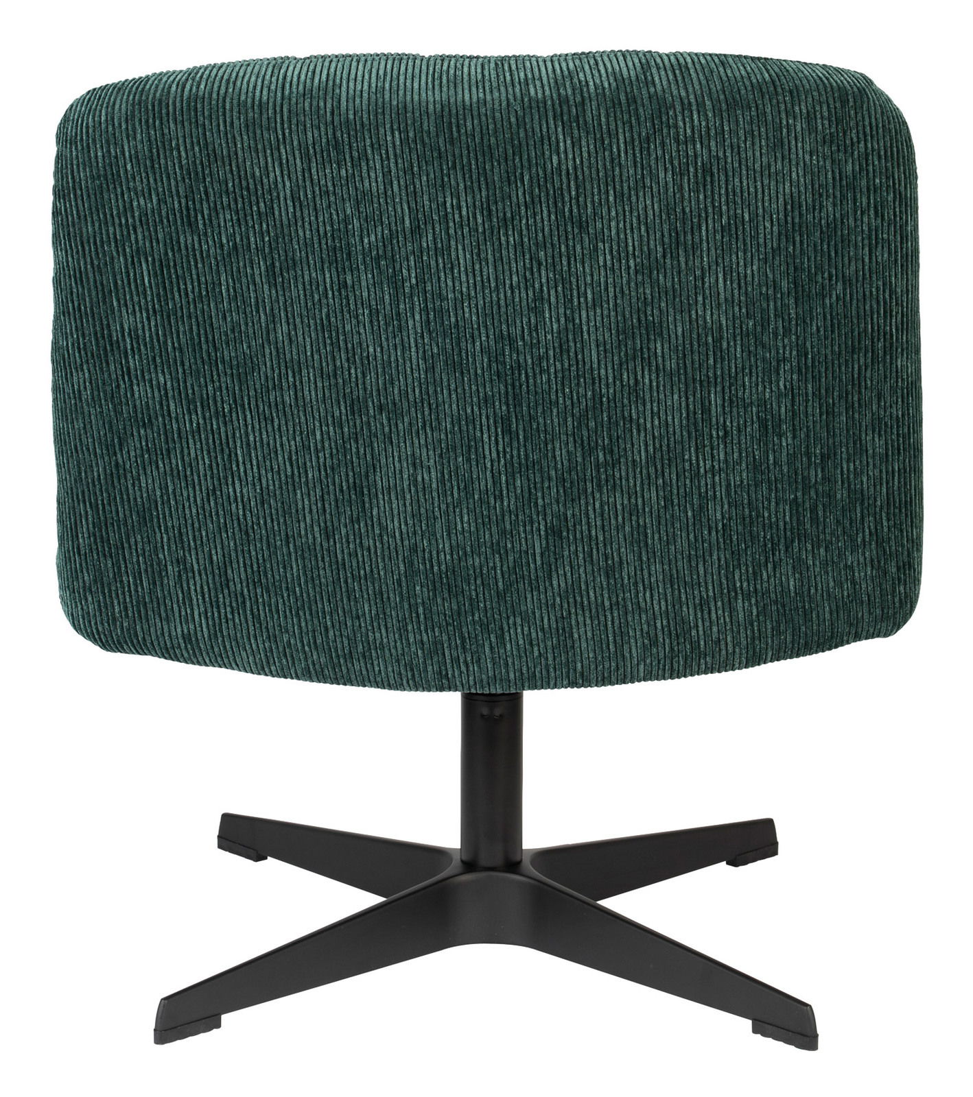 Rückansicht eines grünen Sessels mit geripptem Stoffbezug und schwarzem Metallfuß.