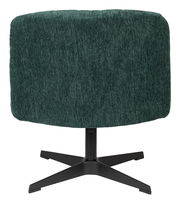 Rückansicht eines grünen Sessels mit geripptem Stoffbezug und schwarzem Metallfuß.