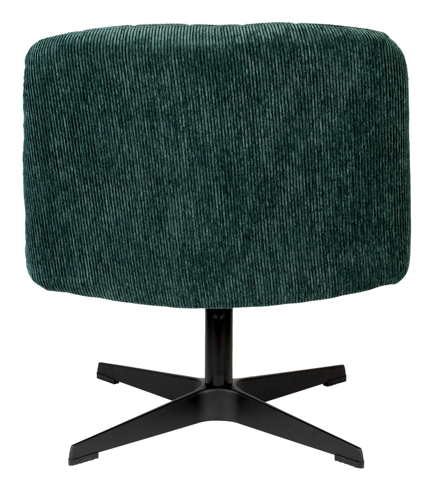 Rückansicht eines grünen Sessels mit geripptem Stoffbezug und schwarzem Metallfuß.