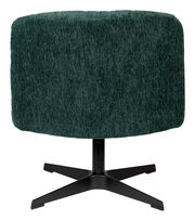 Rückansicht eines grünen Sessels mit geripptem Stoffbezug und schwarzem Metallfuß.