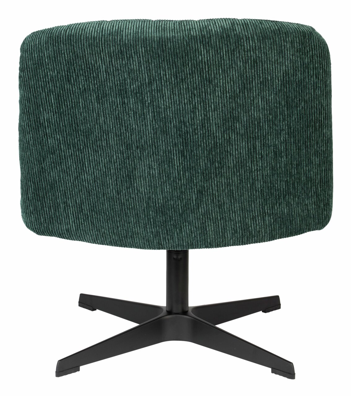 Achterkant van een groene fauteuil met geribbelde stoffen bekleding en een zwart metalen onderstel.