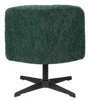 Achterkant van een groene fauteuil met geribbelde stoffen bekleding en een zwart metalen onderstel.