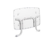 Rückansicht eines zusammenklappbaren weißen Gartentisches mit Metallbeinen.