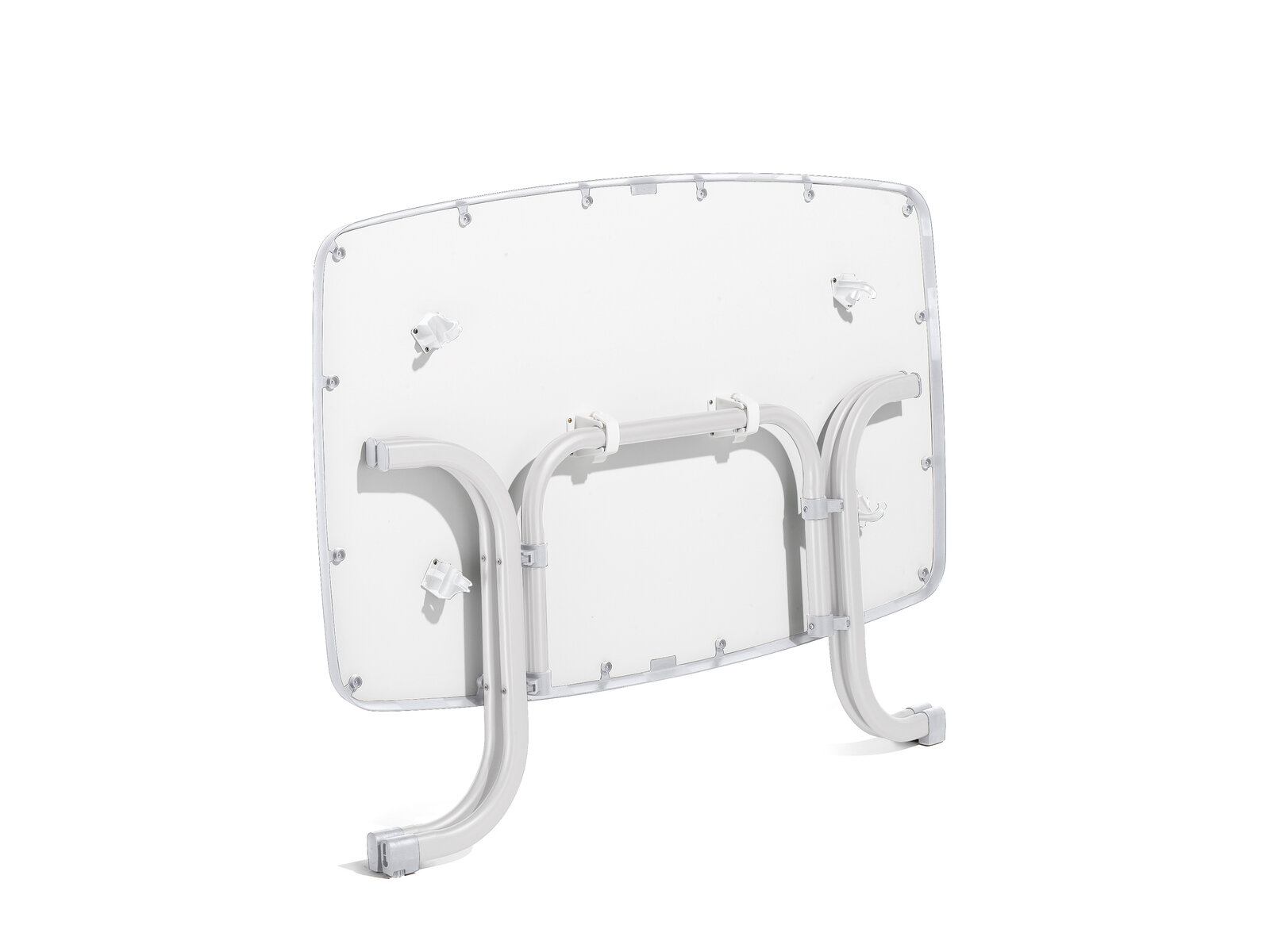 Rückansicht eines zusammenklappbaren weißen Gartentisches mit Metallbeinen.