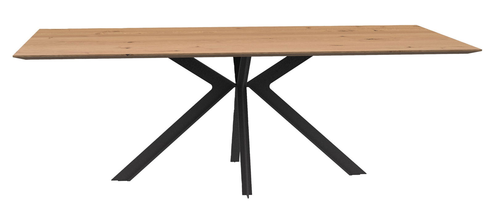 Moderner Esstisch mit Holzplatte und schwarzem Metallgestell, seitliche Perspektive