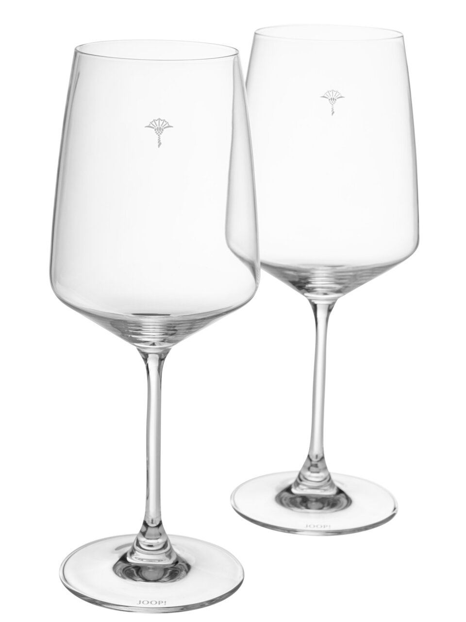 JOOP! Rotweinglas 2er-Set DINING GLAMOUR Zwei elegante Rotweingläser aus klarem Glas mit dezentem Logo, seitliche Perspektive.