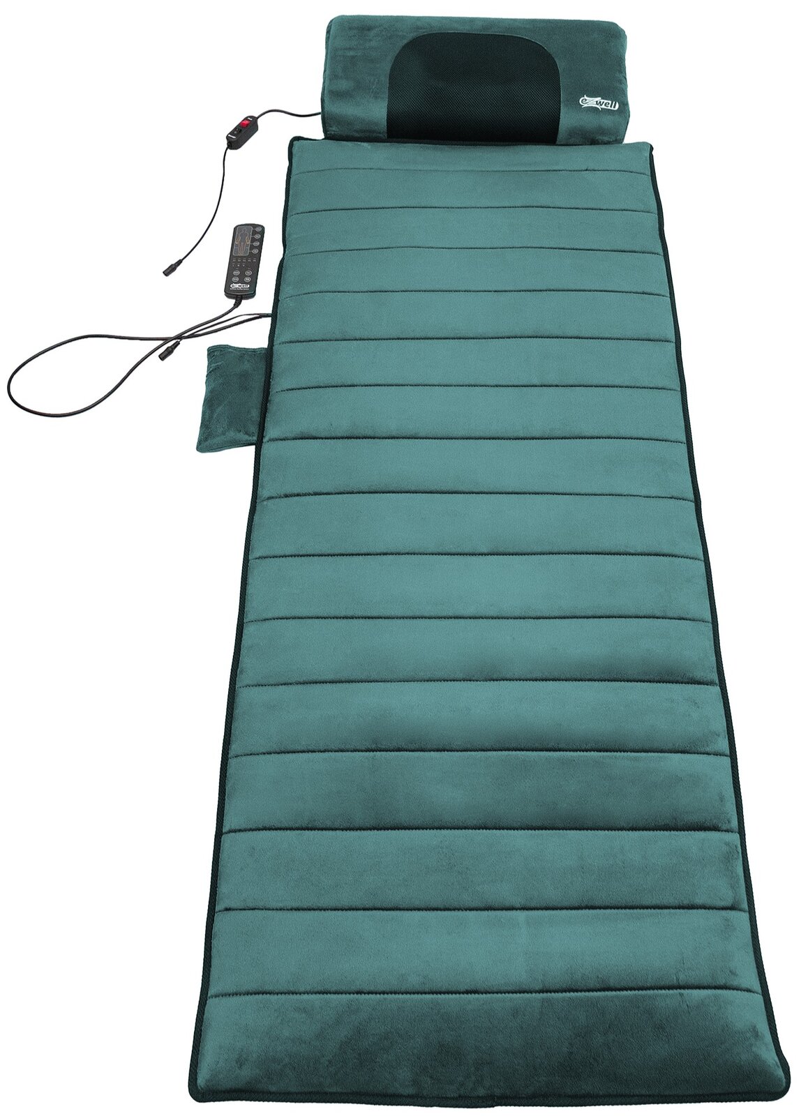 Türkisfarbene Massageauflage mit Kopfkissen, seitlicher Tasche und kabelgebundener Fernbedienung, Draufsicht von oben auf weißem Hintergrund