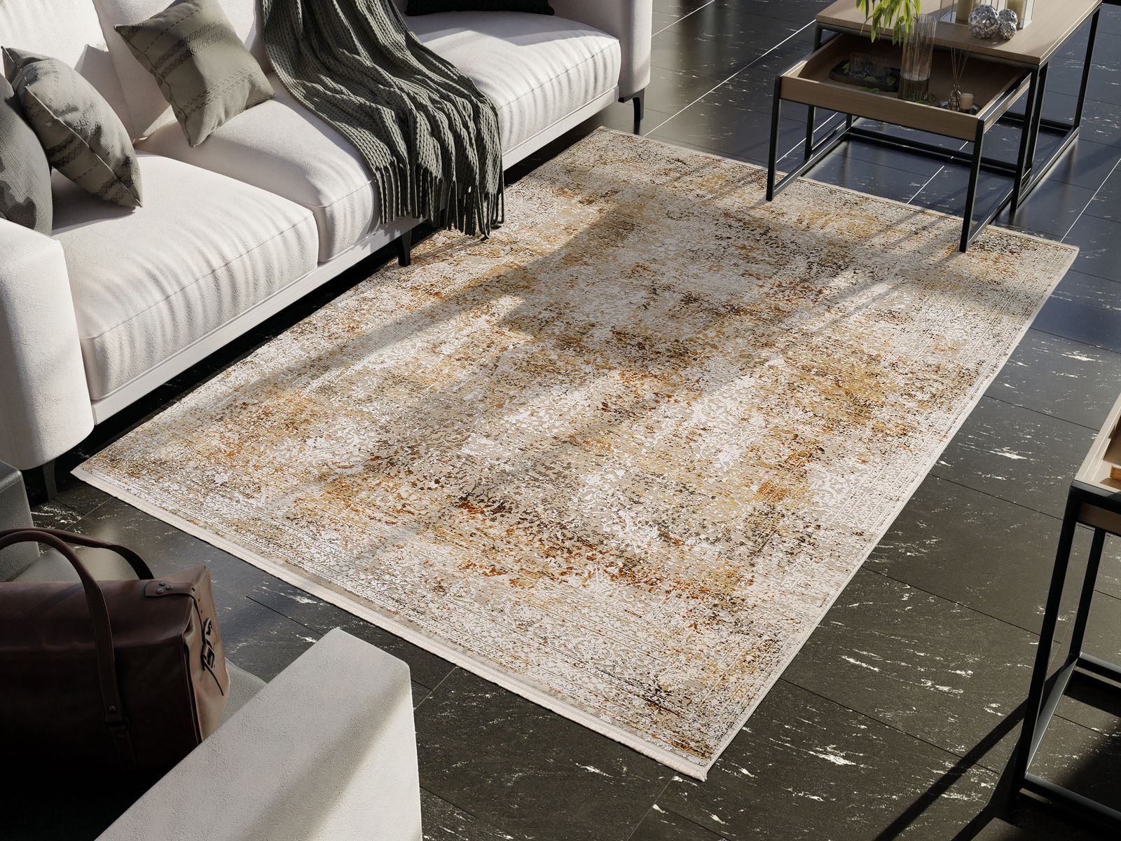 Designer Teppich in einem modernen Wohnzimmer, Perspektive von oben, mit einem eleganten, abstrakten Muster in Erdtönen auf dunklem Boden.