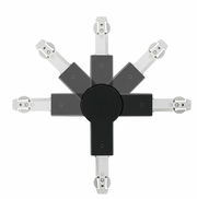 Gelenkverbinder aus der Vogelperspektive mit sechs verstellbaren Armen in verschiedenen Positionen.