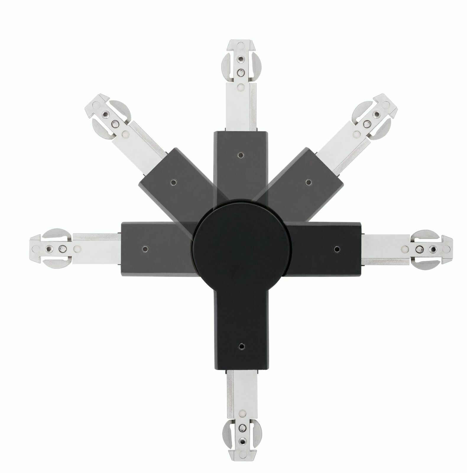 Gelenkverbinder aus der Vogelperspektive mit sechs verstellbaren Armen in verschiedenen Positionen.