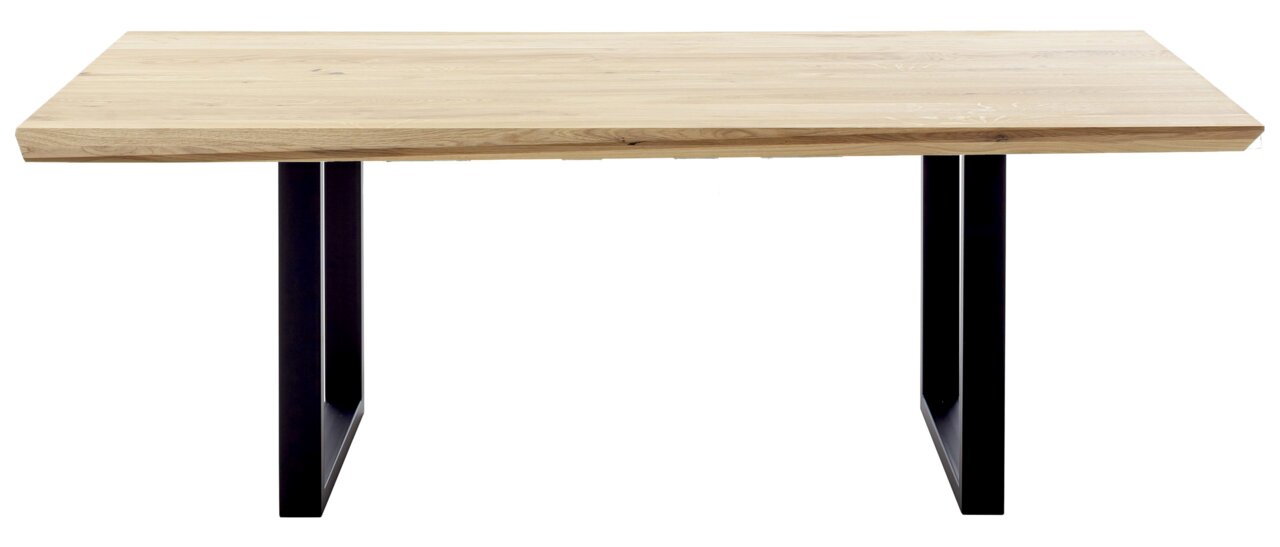Esstisch aus Holz mit schwarzem Metallgestell, seitliche Perspektive