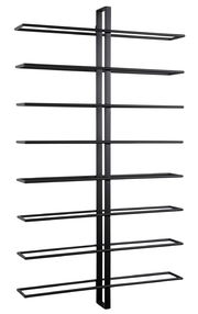 Schwarzes, modernes Weinregal aus Metall mit neun horizontalen Ablagen, seitliche Perspektive