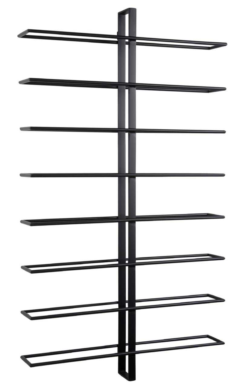 present time Weinregal DUAL Schwarzes, modernes Weinregal aus Metall mit neun horizontalen Ablagen, seitliche Perspektive