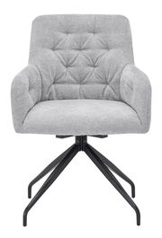 Grauer Armlehnstuhl mit gepolsterter Sitzfläche und Rückenlehne, schwarzes Metallgestell, Frontalansicht