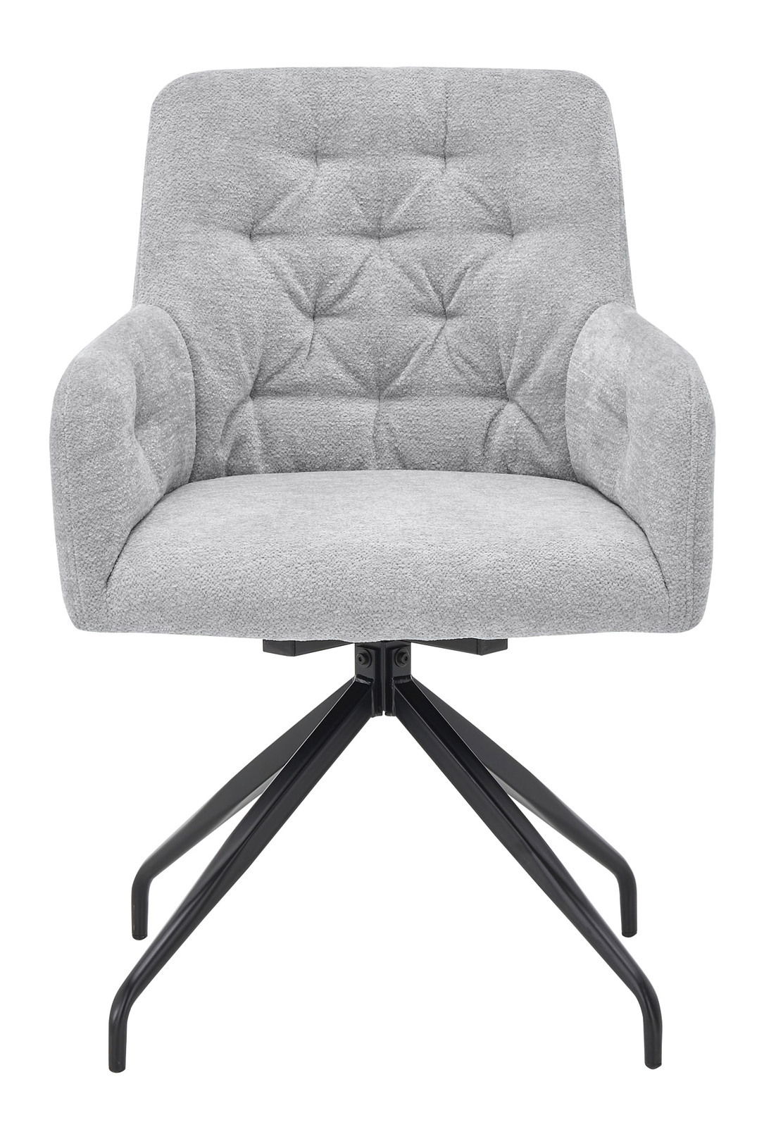 Grauer Armlehnstuhl mit gepolsterter Sitzfläche und Rückenlehne, schwarzes Metallgestell, Frontalansicht