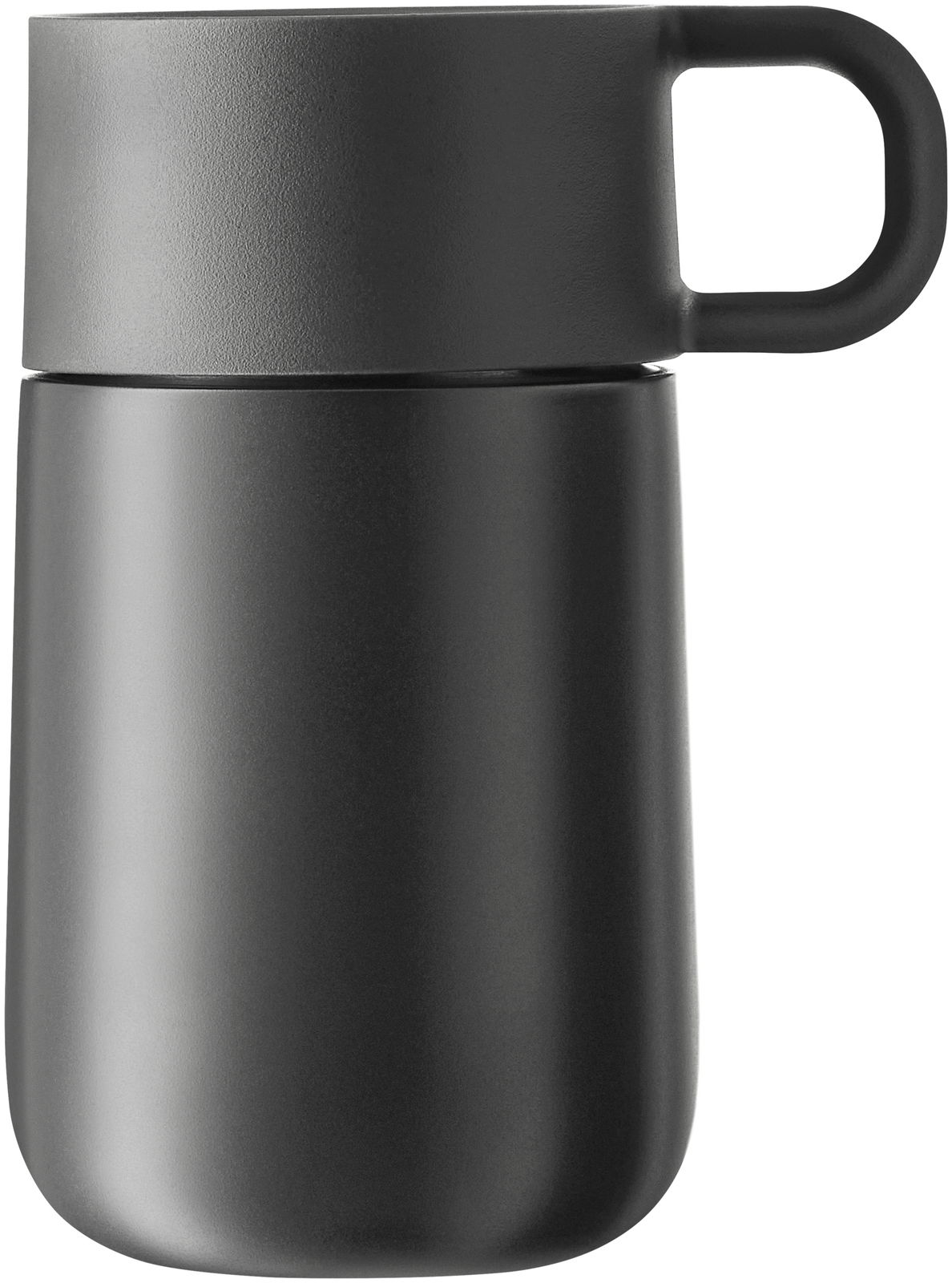 Schwarzer Impulse Travel Mug 0,3l Cromar, seitliche Ansicht mit Henkel