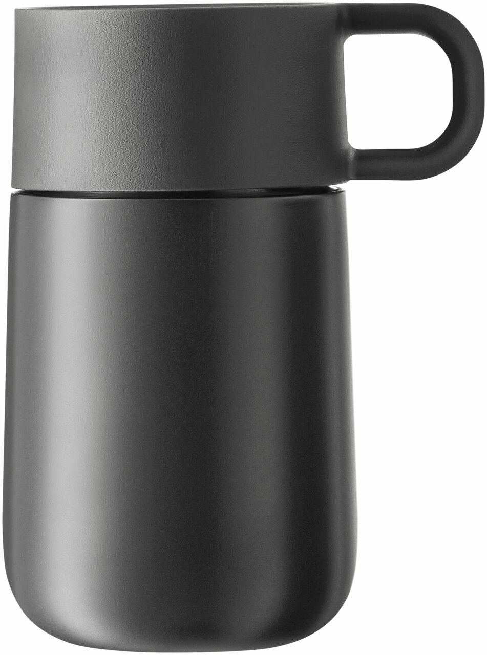 Schwarzer Impulse Travel Mug 0,3l Cromar, seitliche Ansicht mit Henkel