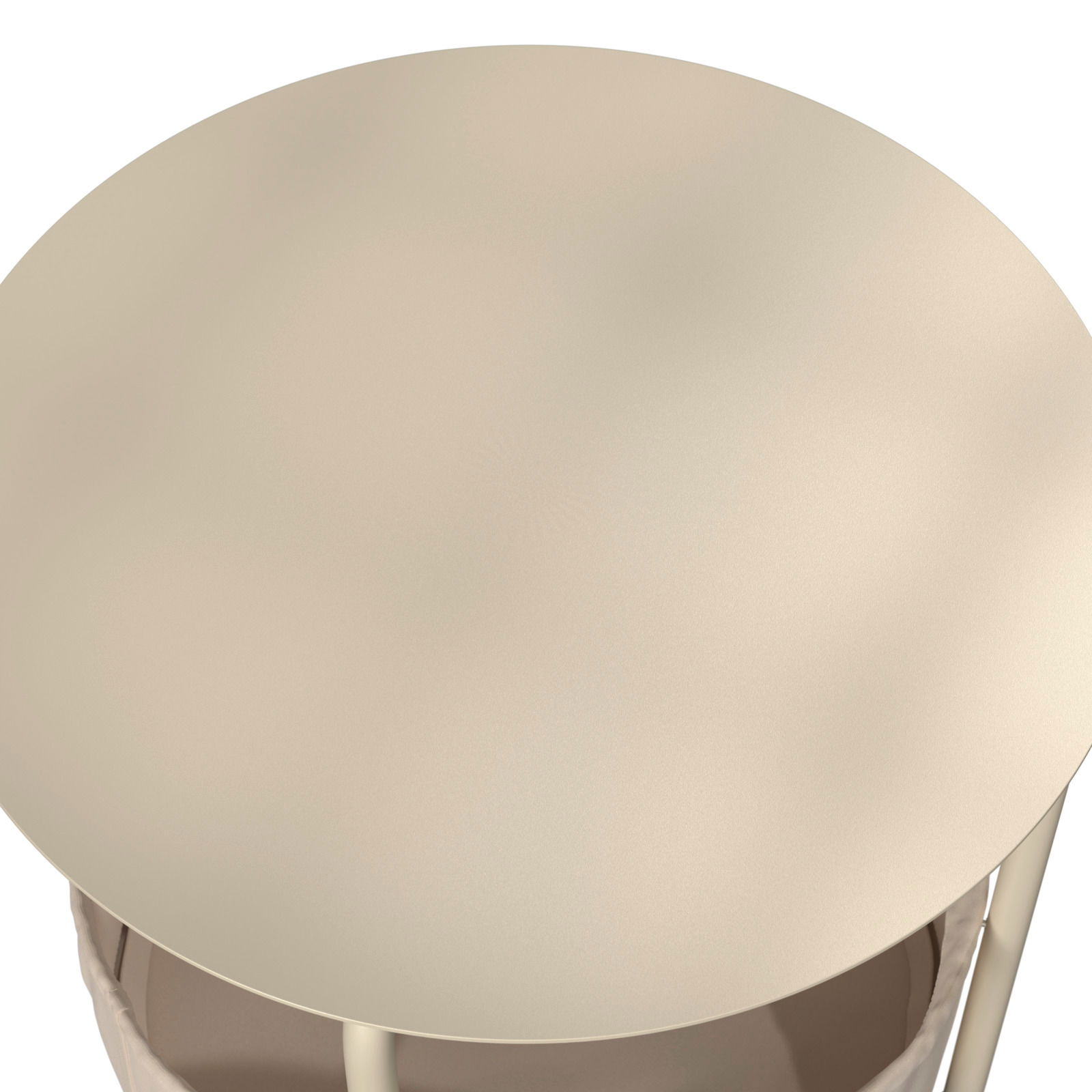 Runder Beistelltisch aus der Vogelperspektive, mit einer glatten, hellen Oberfläche und schlanken Beinen.