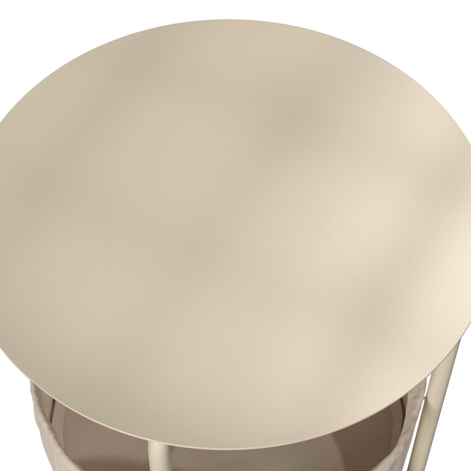 Runder Beistelltisch aus der Vogelperspektive, mit einer glatten, hellen Oberfläche und schlanken Beinen.