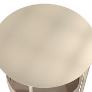 Runder Beistelltisch aus der Vogelperspektive, mit einer glatten, hellen Oberfläche und schlanken Beinen.