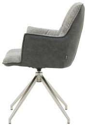 Moderner Sessel mit grauem Stoffbezug und Metallgestell, Seitenansicht.