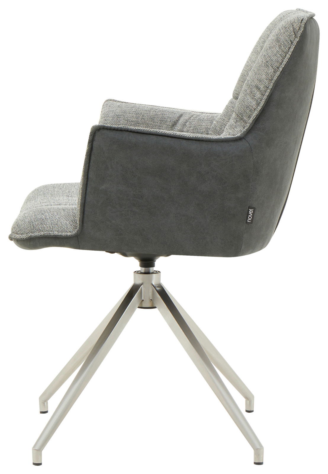 Moderner Sessel mit grauem Stoffbezug und Metallgestell, Seitenansicht.