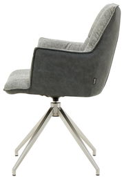 Moderner Sessel mit grauem Stoffbezug und Metallgestell, Seitenansicht.